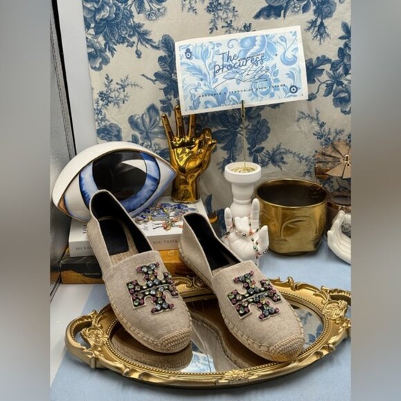 🆕 TORY BURCH 🧿 NWOB Ines Linen & Leather Bejewelled Espadrilles - Sz 8 M - Picture 2 of 11